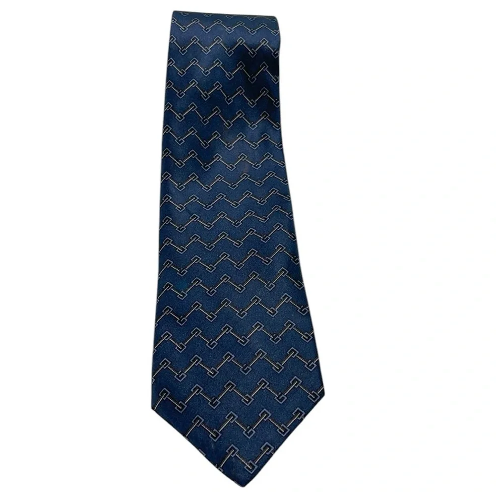 GUCCI Zig Zag Patterned Dark Blue Silk Tie